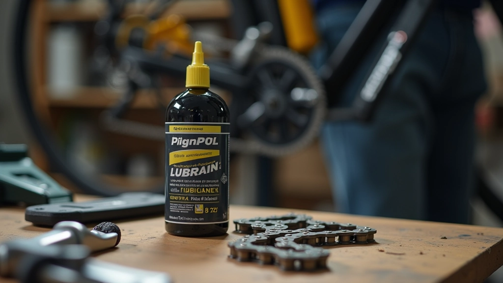Bote de lubricante para cadena de bicicleta junto a una cadena limpia sobre una mesa de trabajo, con herramientas de mantenimiento alrededor