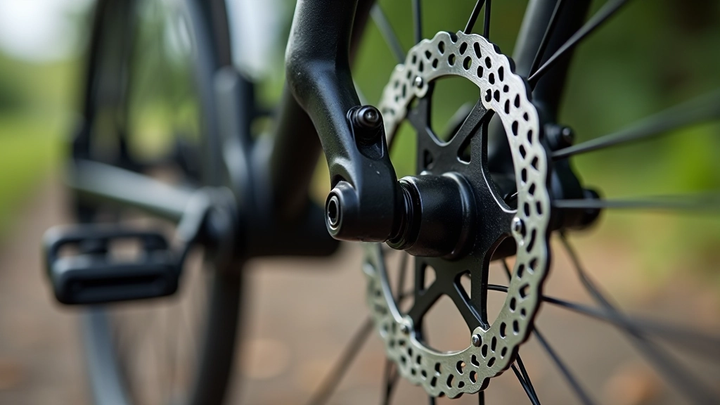 Sistema de frenos de disco de una bicicleta de montaña, mostrando pastillas de freno nuevas y disco de metal brillante