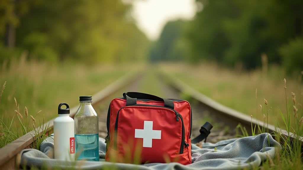 Botiquín de primeros auxilios y botellas de agua sobre una manta en un prado cerca de la vía del tren, preparado para una pausa